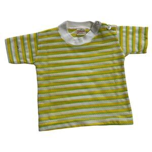 Vintage 1960s 1970s Unisex Neon Yellow Green Striped Retro Short Sleeve Top
